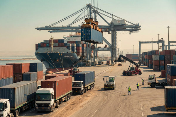 контейнерный терминал перегрузка контейнеров с судна на грузовики мультимодальная логистика порт Ближний Восток