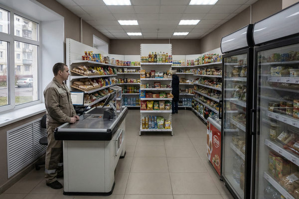 небольшой магазин у дома в жилом районе с пустым торговым залом и кассой