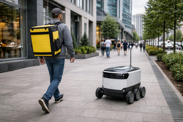 курьер и робот-доставщик на улице Москвы, автоматизация последней мили и рост рынка курьерской доставки