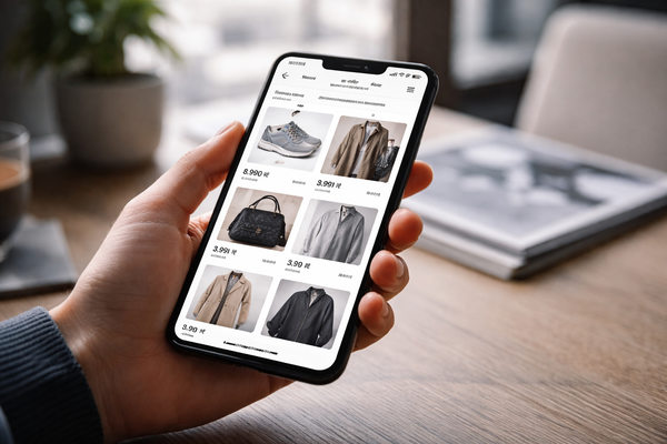 смартфон с приложением маркетплейса выбор одежды онлайн трансграничная покупка fashion e-commerce