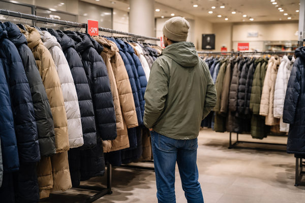 Покупатель в магазине одежды выбирает зимние пуховики на фоне распродажи, снижение спроса на верхнюю одежду