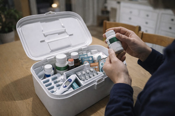 Человек проверяет содержимое домашней аптечки с лекарствами и витаминами на столе