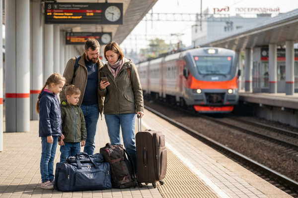 семья с детьми на железнодорожной платформе с чемоданами перед поездкой по России, внутренний туризм