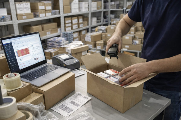 упаковка товаров для отправки заказов маркетплейса на складе фулфилмента e-commerce