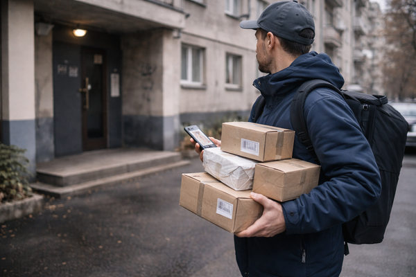 курьер с несколькими небольшими посылками доставляет онлайн-заказы к жилому дому, рост e-commerce и нагрузка на последнюю милю