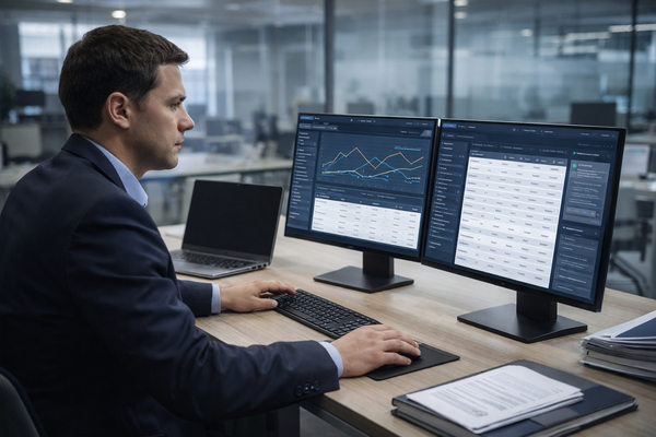 Специалист по закупкам анализирует рынок поставщиков и цены на цифровой платформе с графиками и таблицами на экранах компьютера