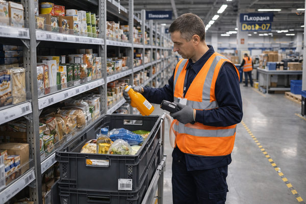 Сотрудник dark store собирает онлайн-заказ продуктов на складе e-grocery