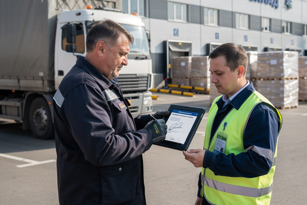 Водитель грузовика подписывает электронную транспортную накладную на планшете на логистическом терминале