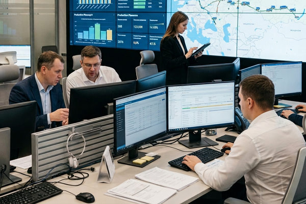 Специалисты центра управления цепочками поставок работают с ERP-системой и аналитическими дашбордами логистики на экранах