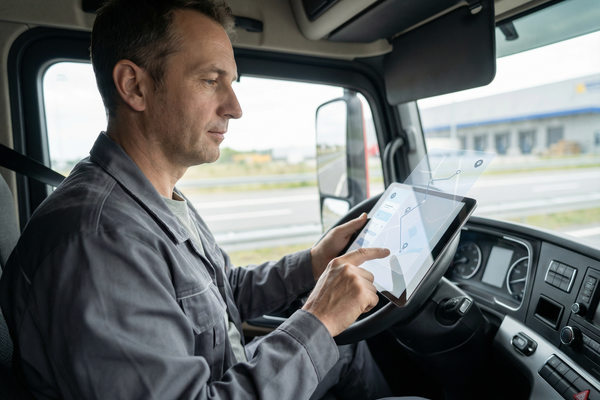 Водитель грузовика использует планшет с электронной транспортной накладной (ЭТрН) для подтверждения перевозки в цифровой системе