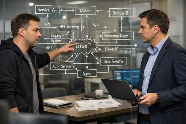 Инженеры обсуждают архитектуру интеграций и проблемы взаимодействия сервисов в финтех-системе