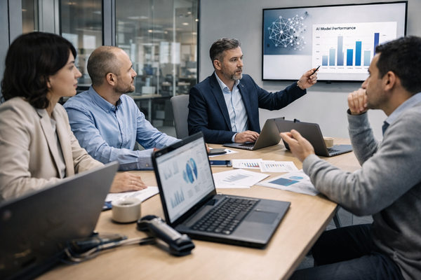 команда менеджеров обсуждает внедрение искусственного интеллекта в ритейле презентация данных в офисе бизнес аналитика