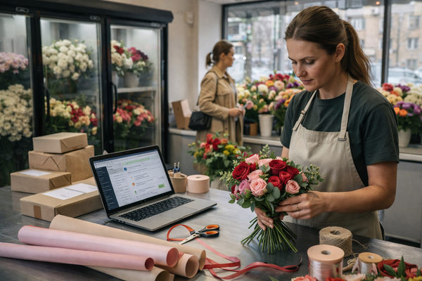 флорист собирает букет в цветочном магазине и обрабатывает онлайн-заказ на ноутбуке — гибридная модель цветочного ритейла и доставки цветов