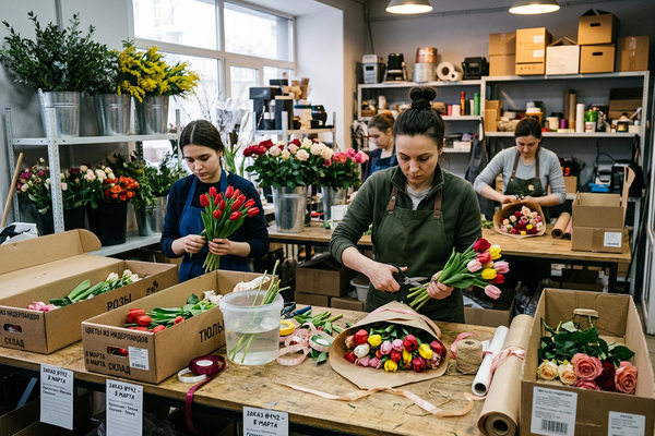 флористы собирают букеты тюльпанов в мастерской перед 8 марта — пик спроса на цветы