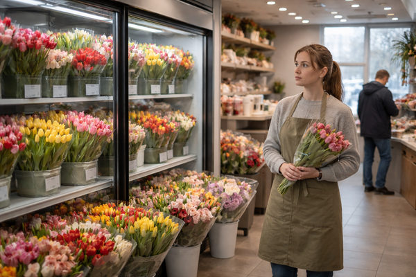 флорист в цветочном магазине с тюльпанами на витрине в период продаж к 8 марта