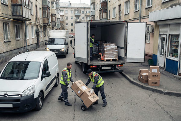 последняя миля доставка FMCG разгрузка товаров во дворе городская логистика фургон и грузовик курьеры