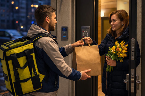 курьер службы доставки передает заказ готовой еды клиенту у двери дома в праздничный день 8 марта