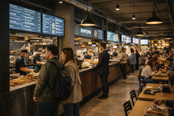 Посетители выбирают еду в современном фудхолле с гастрономическими корнерами — иллюстрация к статье о замедлении роста рынка фудхоллов в России