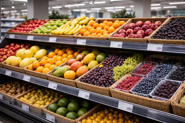 Ассортимент фруктов и ягод в супермаркете, витрина с экзотическими и базовыми фруктами в ритейле