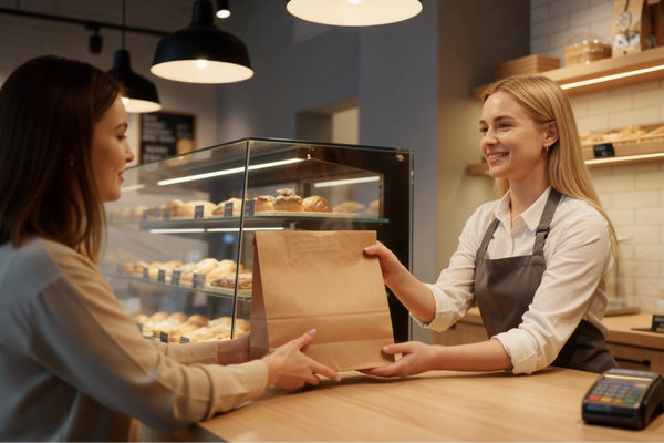 Сотрудница кофейни передает клиенту заказ через прилавок — иллюстрация B2B-сервиса и клиентского взаимодействия