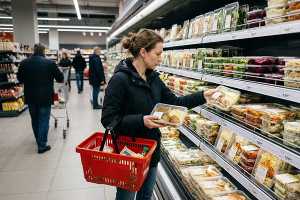 Покупатель выбирает готовую еду в отделе food-to-go в современном супермаркете