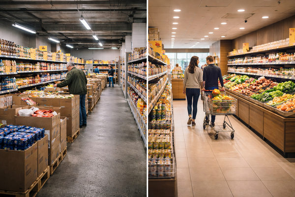 Сравнение жесткого и мягкого дискаунтера: паллетная выкладка товаров и современный продуктовый магазин с покупателями