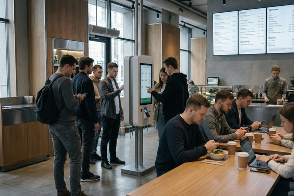 Посетители современного кафе используют терминал самообслуживания — иллюстрация ценностного позиционирования и цифровизации HoReCa в 2026 году