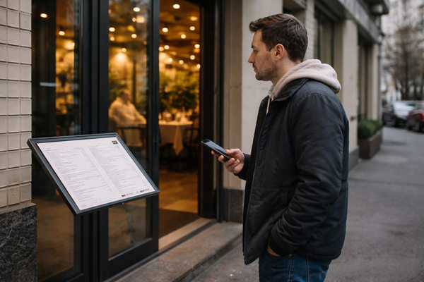 Человек изучает меню у входа в ресторан перед принятием решения — изменение поведения потребителей в HoReCa