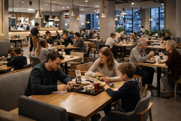 Семья с ребёнком ужинает в городском кафе — иллюстрация структуры трафика HoReCa в 2025 году