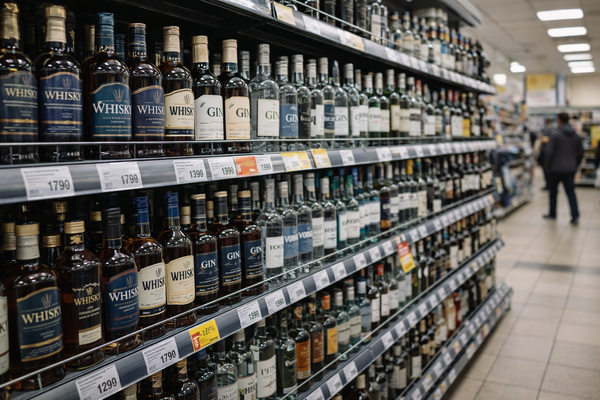 Полка с импортным алкоголем в супермаркете, широкий ассортимент виски и крепких напитков в российском ритейле