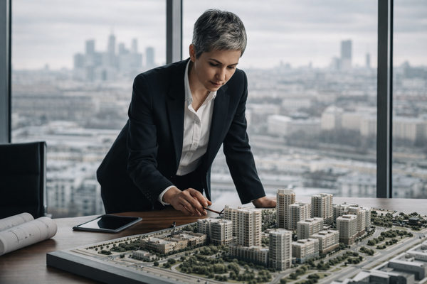 топ-менеджер девелоперской компании анализирует макет жилого квартала инвестиции в землю под застройку Россия