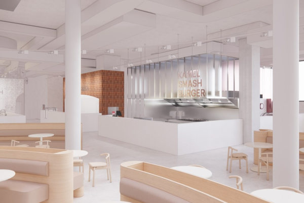 Интерьер бургерной Kamel Smash Burger в фудхолле торговой галереи «Чкалов» в Москве