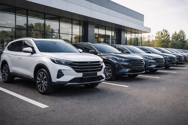Ряд новых китайских кроссоверов у автосалона — доминирование сегмента SUV на рынке автомобилей в России