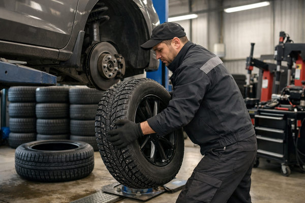 Автомеханик устанавливает летнюю шину на автомобиль в шиномонтажной мастерской — сезонная смена резины весной