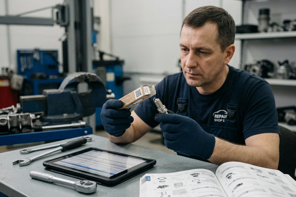 Автомеханик проверяет свечу зажигания и упаковку автозапчасти, сравнивая маркировку для выявления контрафактной детали