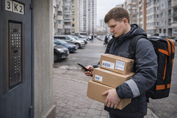 Курьер с коробками интернет-заказов у подъезда жилого дома — иллюстрация к статье о росте стоимости доставки последней мили в e-commerce