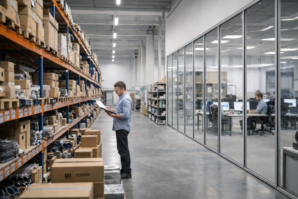 Склад и офис в формате light industrial — сотрудник работает со стеллажами и заказами в современном индустриальном помещении