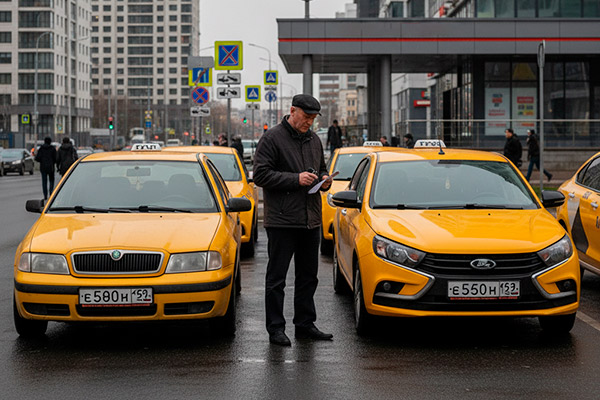 Водитель такси осматривает автомобили на парковке таксопарка — обновление автопарков и влияние лизинга на рынок такси в России