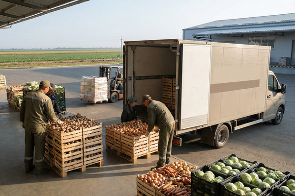 погрузка овощей с фермерского хозяйства в грузовой автомобиль для поставки в розничную сеть — логистика плодоовощной продукции и агроконтракты ритейлера «Магнит»