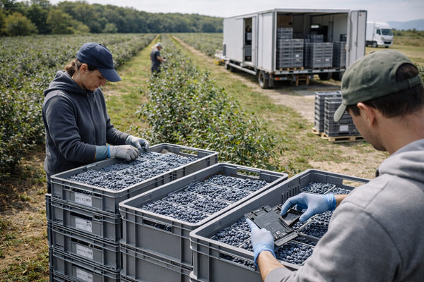 Сбор голубики на плантации в Краснодарском крае с контейнерами и рефрижератором — этап cold chain в ритейле