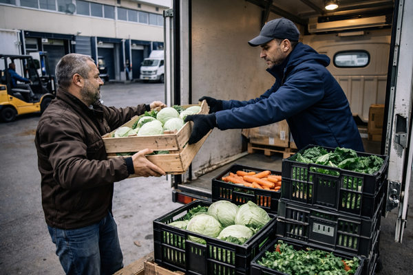 погрузка овощей в грузовик на складе локальные поставщики доставка продуктов логистика ритейла сибирь