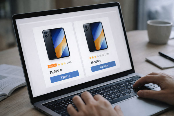 Сравнение цен на одинаковые товары в интернет-магазине на экране ноутбука — влияние маркетплейса на ценообразование
