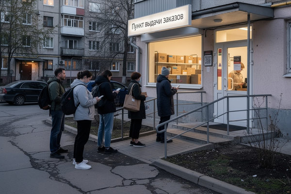 Пункт выдачи заказов с очередью клиентов в жилом районе, насыщение инфраструктуры маркетплейсов и рост e-commerce