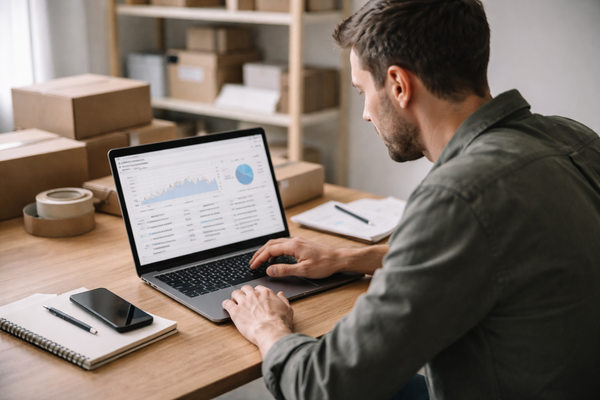 продавец маркетплейса анализирует цены и продажи на ноутбуке e-commerce аналитика управление ценами товар