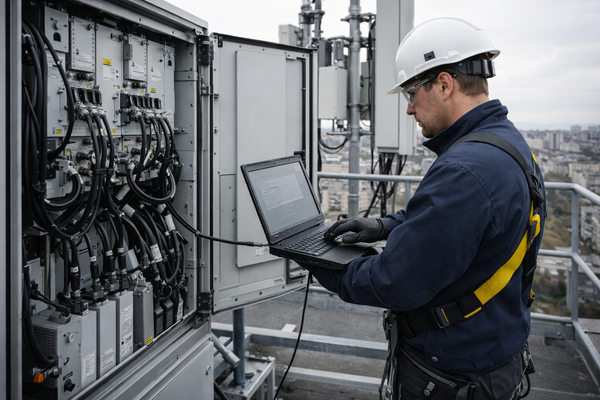 инженер мобильного оператора обслуживает оборудование базовой станции на крыше здания