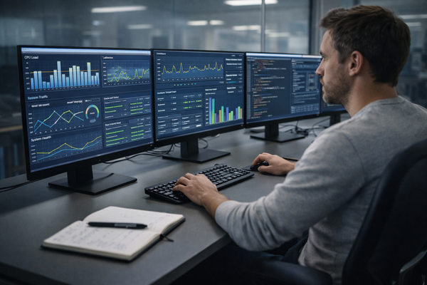 DevOps-инженер анализирует метрики производительности и загрузку системы на экранах мониторинга инфраструктуры