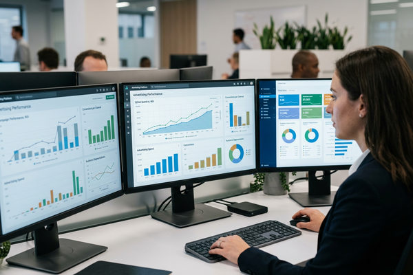 Маркетинговый аналитик анализирует данные рекламных кампаний и AdTech-аналитику на дашбордах