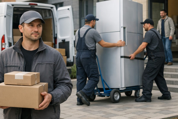 Курьеры доставляют бытовую технику и электронику из маркетплейса к жилому дому, иллюстрация логистики последней мили и роста e-commerce в России