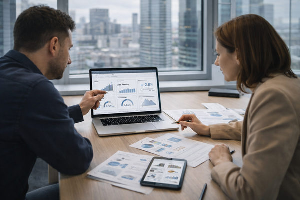 Маркетинговая команда анализирует данные retail media-кампании на ноутбуке — аналитика трафика и продаж маркетплейса