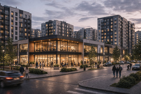 Районный торговый центр в жилом квартале Санкт-Петербурга — современный малоформатный ТЦ с вечерним трафиком и витринами на первом этаже